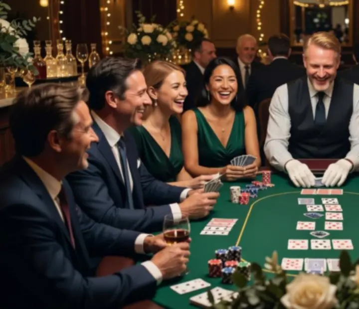 Hosté u pokerového stolu během eventu Spolehvia se smějí a užívají si společenskou hru