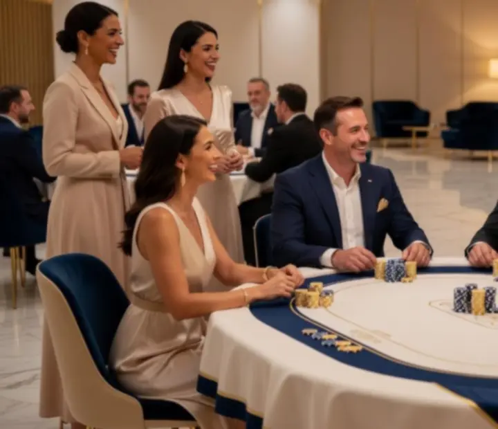Stylově nasvícený pokerový večírek s hosty a profesionálním stolem