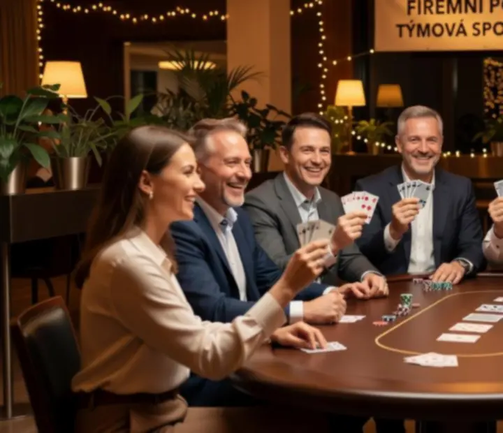 Koláž z firemních pokerových večírků s usměvavými týmy, elegantní výzdobou a napínavou atmosférou u stolů