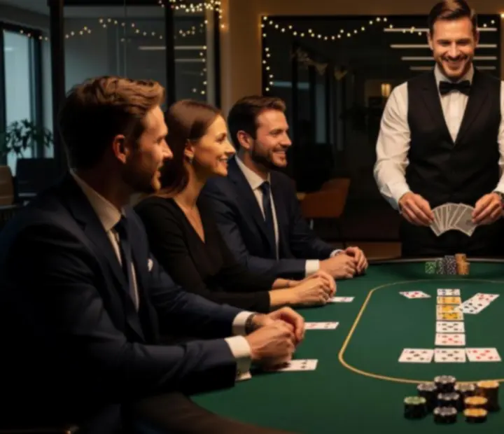 Elegantní firemní pokerový večírek s profesionálním dealerem a usměvavými hosty