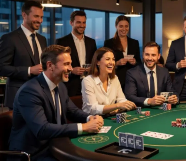Firemní tým se směje u pokerového stolu během teambuildingové akce s krupiérem.