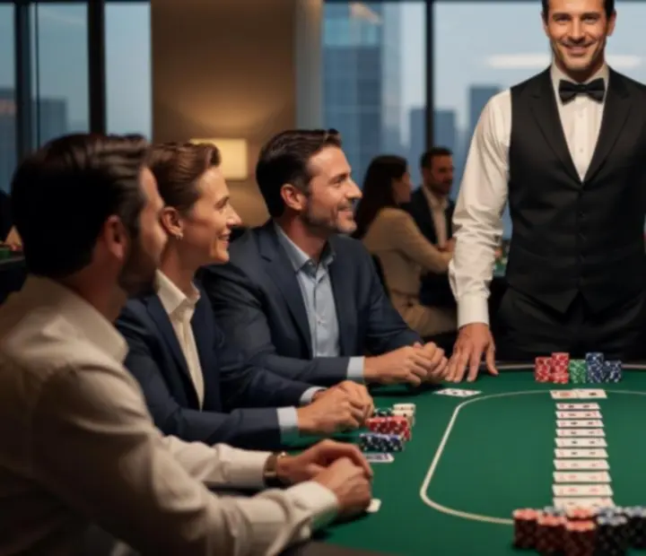 Dealer Spolehvia vede pokerovou hru na firemním večírku s uvolněnou a profesionální atmosférou.