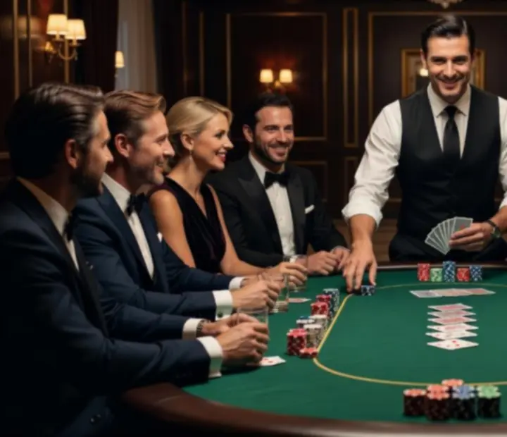 Dealer Spolehvia vede průběh pokerového večera u elegantně nasvíceného stolu.