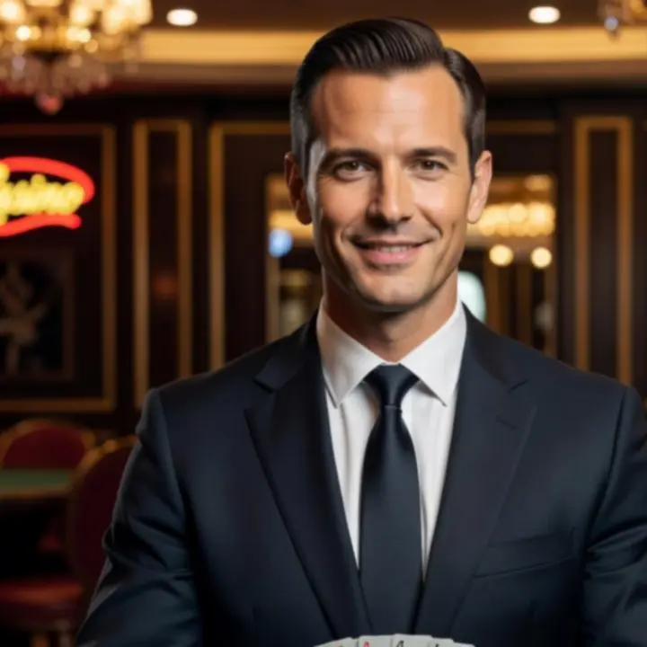 Portrétní fotografie elegantního pokerového dealera Spolehvia připraveného na společenský večer.