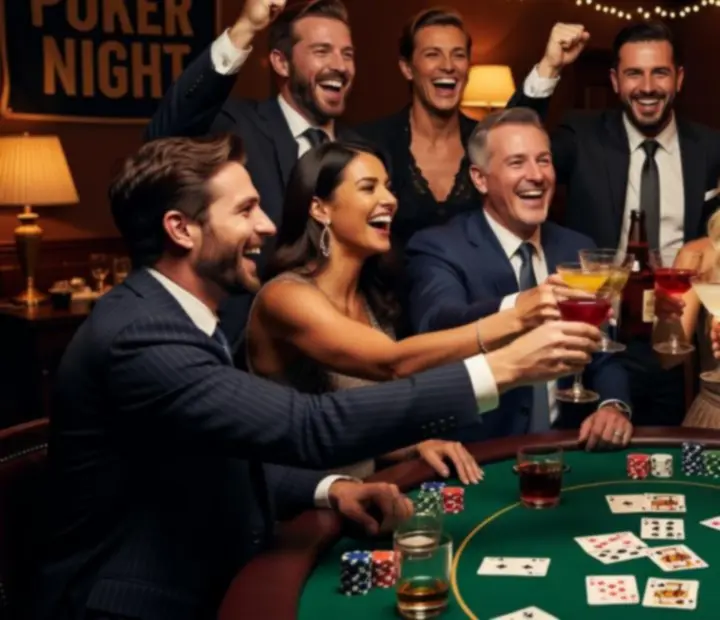 Skupina usměvavých hostů slaví během pokerového večírku