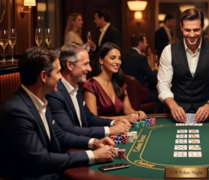 Usměvaví hosté u elegantně nasvíceného pokerového stolu během společenského večera.