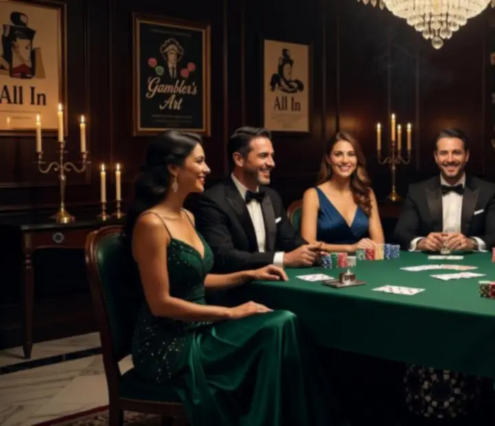 Soukromá pokerová párty s usmívajícími se hosty u elegantně prostřeného stolu