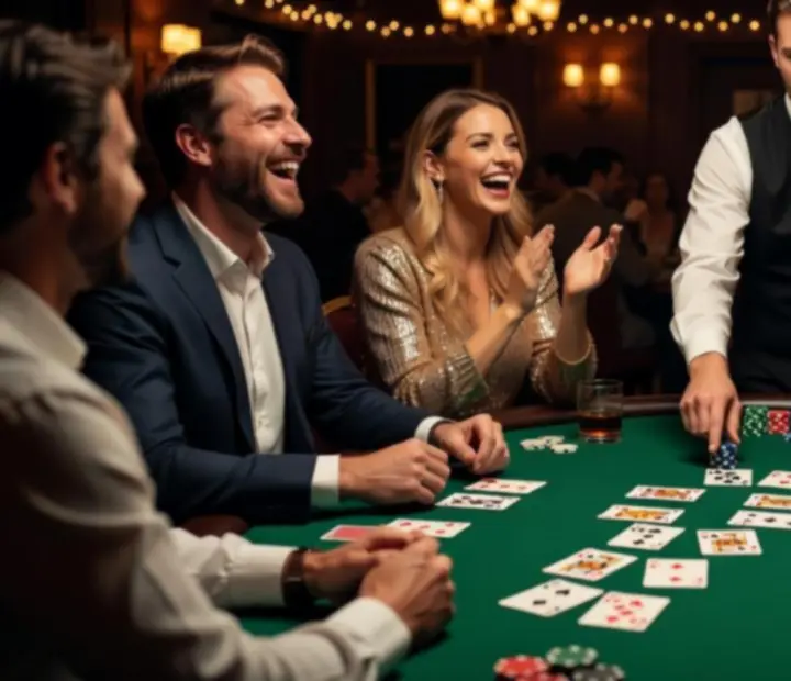 Momentky z reálné soukromé pokerové párty – hosté se smějí a užívají si hru