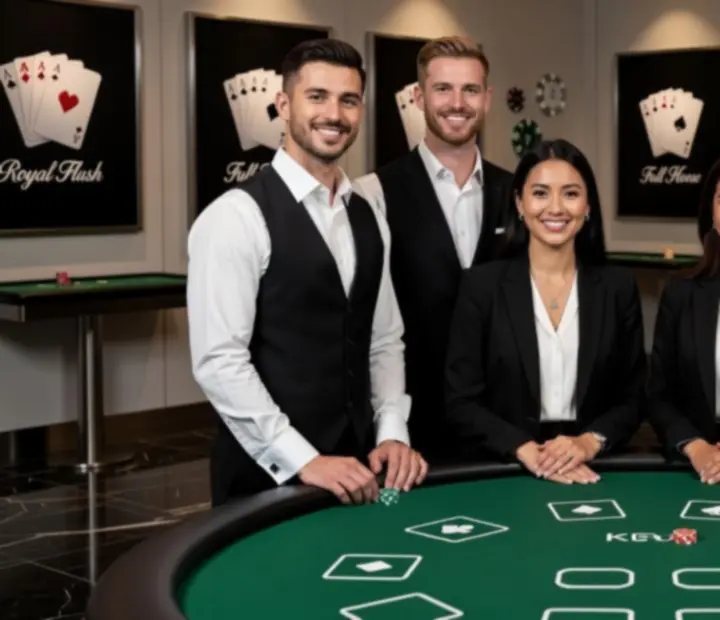 Skupina profesionálních krupiérů Spolehvia stojí u pokerového stolu připravená na večerní event.