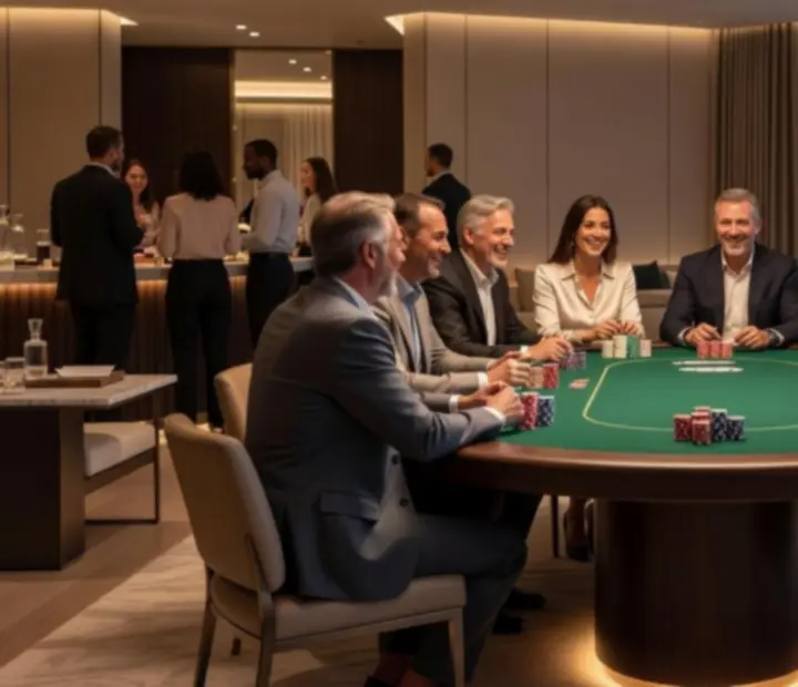 Hosté firemního večírku si užívají bezpečnou a uvolněnou pokerovou zábavu bez peněžních sázek